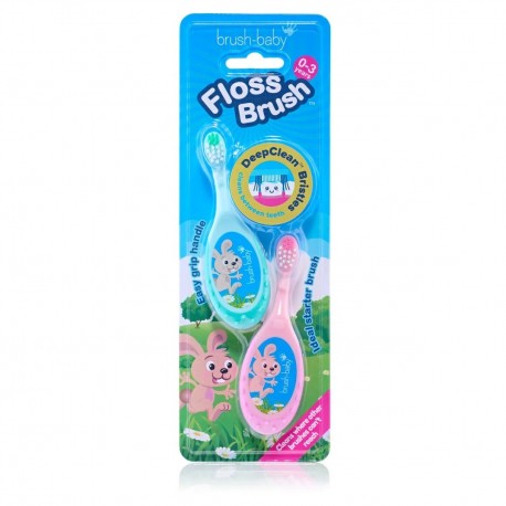 FLOSSBRUSH CEPILLO DE DIENTES 0-3 AÑOS PACK 2 UDS COLOR ROSA Y VERDE