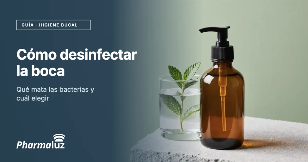 Frasco de enjuague antiséptico y vaso de agua con menta y eucalipto
