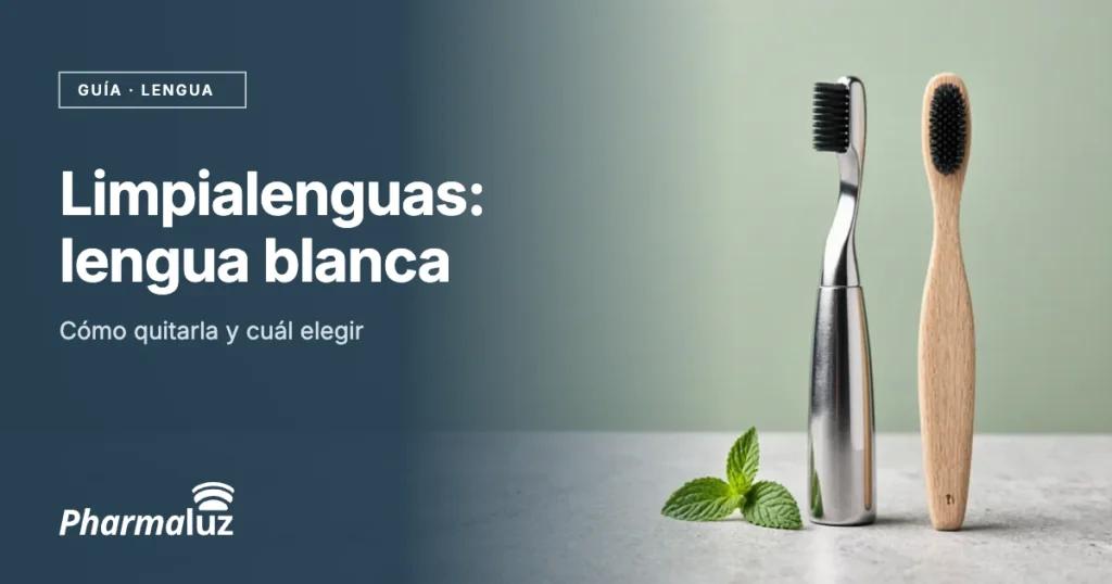 Limpialenguas de acero inoxidable y cepillo de dientes de madera con hoja de menta