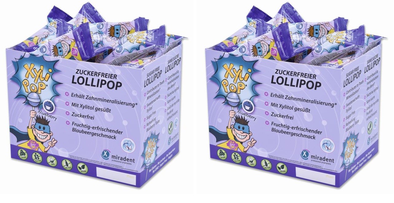 PACK 2 CAJAS 50 UDS XYLIPOP LOLLYPOP SABOR BLUEBERRY - CARAMELO DE PALO XILITOL